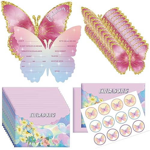 Braleto 12 Stück Schmetterling Einladungskarten Kindergeburtstag Mädchen, Mädchen Schmetterling Einladung Karte mit Umschlägen und Aufkleber Partyeinladungen Geburtstagseinladungen (pink) von Braleto