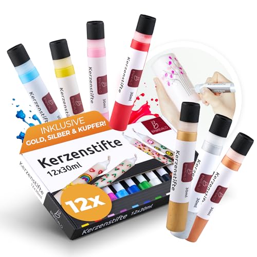 Brandalo® Premium 12er Set Kerzenstifte á 30ml leuchtende Farben – Candle Pen für Kerzen - Taufkerze Selber Machen - Ideal zum Kerzen Dekorieren & Gestalten - Candle Liner – Kerzenfarbe - Kerzenpen von Brandalo