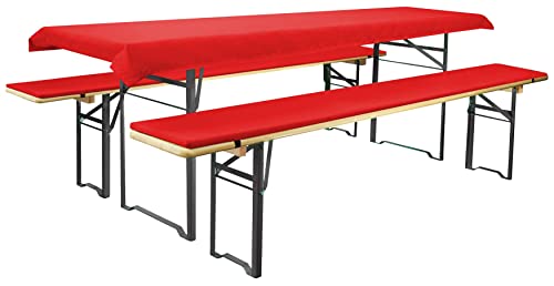 Brandsseller Bierbankauflagen-Set gepolstert 4tlg. Zwei Tischdecken 1x Rot-Uni und 1x Deutschlandfahnen-Design 240x90cm Bank 220x25x1,6cm – Rot von Brandsseller