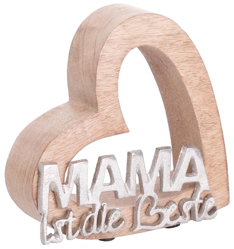 Brandsseller Deko-Schriftzug Mama ist die Beste ca. 15 cm hoch auf Mangoholz-Herz Silber/Braun von Brandsseller