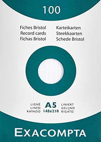 Exacompta 13808B 100er Pack Karteikarten liniert DIN A5 in Kartonschachtel 14,8 x 21cm ideal für die Schule und Universität zum Lernen weiß von Exacompta