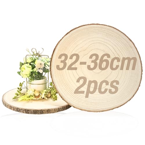 2 Stücke extra große Holzscheiben 32-36CM Runde Naturholz Baumscheiben ca. 1,5cm Dicke für DIY Handwerk, Hochzeit Tischdeko, Weihnachten Dekoration, Tischmittelstücke, Kuchenunterlage, Dekorationsmatt von Breecasa