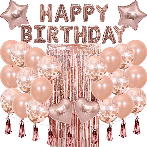 Breeshy 28 StüCk Rose Gold Geburtstag Dekoration Set Buchstaben Happy Birthday Ballon Geburtstag Feier Dekor Kinder Quaste Pailletten Ballon von Breeshy