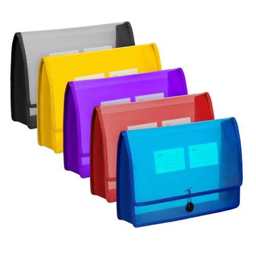 Breeshy Packung mit 5 Brieftaschen-Umschlägen, Kunststoff, A4, erweiterbare Dateiordner und Etikettentasche, farbig, wasserdicht für Büro und von Breeshy
