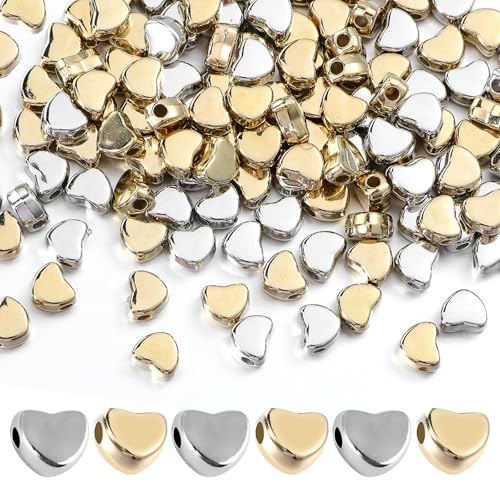 200 Stück Herz Perlen Für Armbänder, Silber Herz Perlen Herzperlen Metallperlen Zwischenperlen Für Armbänder Kleine Loch Spacer Perlen Für Halskette Schmuck Machen Diy Handmade Craft (Gold&Silber) von Bremorou