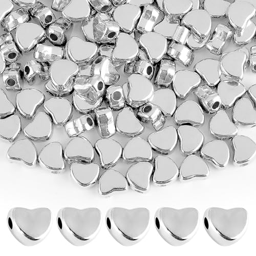 200 Stück Herz Perlen Für Armbänder, Silber Herz Perlen Herzperlen Metallperlen Zwischenperlen Für Armbänder Kleine Loch Spacer Perlen Für Halskette Schmuck Machen Diy Handmade Craft (Silber) von Bremorou