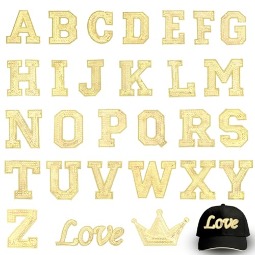 28 Stück Buchstaben Zum Aufnähen Bügel Aufnäher A-Z Alphabet-Aufnäher Bügel Bestickter Aufnäher Applikationen Love Design Aufnäher Glitzer Hotfix Patches Für Kleidung Sweatshirt Jacken Hut(Gold) von Bremorou