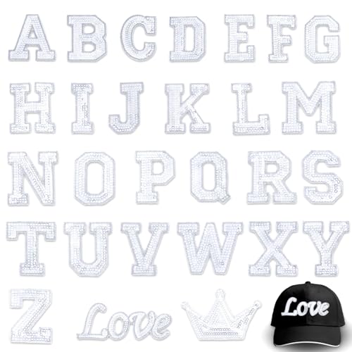 28 Stück Buchstaben Zum Aufnähen Bügel Aufnäher A-Z Alphabet-Aufnäher Bügel Bestickter Aufnäher Applikationen Love Design Aufnäher Glitzer Hotfix Patches Für Kleidung Sweatshirt Jacken Hut(Silber) von Bremorou