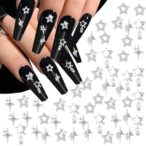 50 Stück Nail Charms Nagel Charms Stern Silberne 3d-Sterne Nagel Edelsteine Stern Charms Acrylnägel 4 Stile Y2k Nagel Strasssteine Nagelzubehör 3d Legierung Nagelkunst Charms Für Mädchen Nageldesign von Bremorou