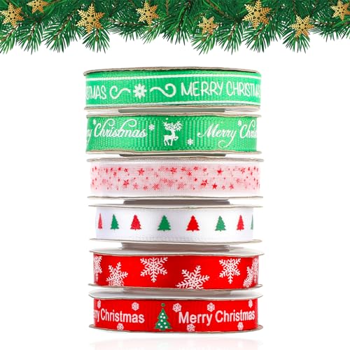 6 Rollen Schleifenband Weihnachten 10mm Weihnachtsbänder Geschenkband Weihnachten Weihnachtsbaum Dekoband Zum Weihnachtsdekoration Basteln Satinband Schneeflocke Elch Bänder Für Geschenke Kranz Deko von Bremorou