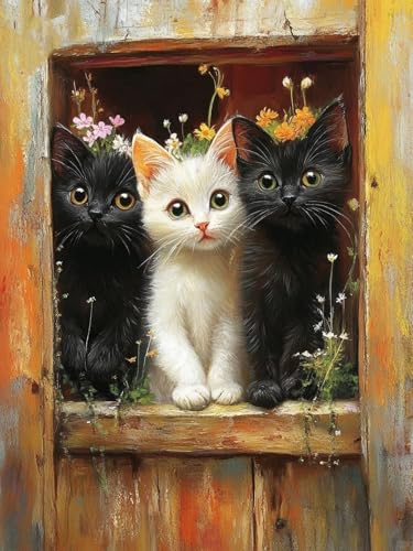 Brennora 11CT Vorgedrucktes Kreuzstich-Set Fensterbank-Katze für Erwachsene und Anfänger DIY Stickbilder für Wandkunst-Heimdekoration 40x50 cm von Brennora