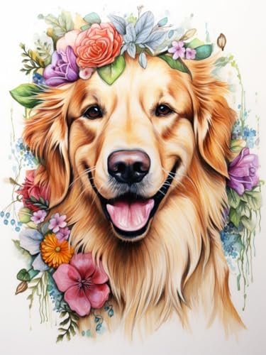 Brennora 11CT Vorgedrucktes Kreuzstich-Set für Erwachsene und Anfänger DIY Stickbilder für Wandkunst-Heimdekoration Golden Retriever Blumen 40x50 cm von Brennora