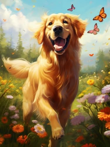 Brennora Vorgedruckt Kreuzstich Set 11CT Stickerei Leinwand kit Golden Retriever Schmetterling DIY Kunst für Anfänger Kinder Heimdekoration 40x50 cm von Brennora