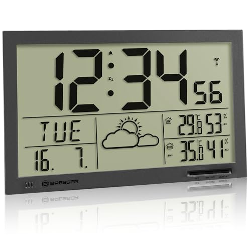 Bresser Wetterstation Funk mit Außensensor MyTime Jumbo LCD Wetter Wanduhr mit Außensensor und extra großen Ziffern für Tisch und Wandmontage, grau Anthracite von Bresser