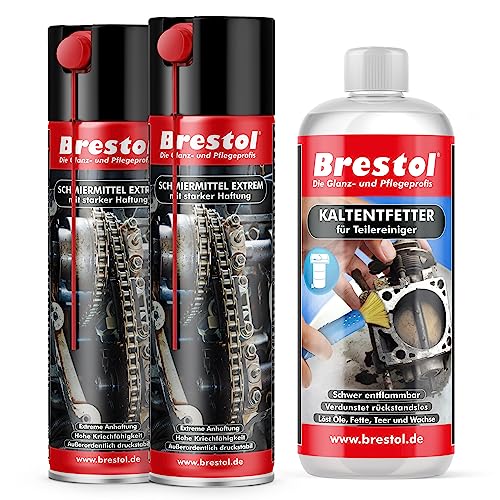 Brestol SCHMIERMITTEL EXTREM SPRAY 2x 400ml mit starker Haftung + 1000 ml KALTREINIGER - Schmierspray Silikonspray Kriechöl Zahnradspray Kettenspray Seilspray Kolbenspray Haftschmierstoff von Brestol