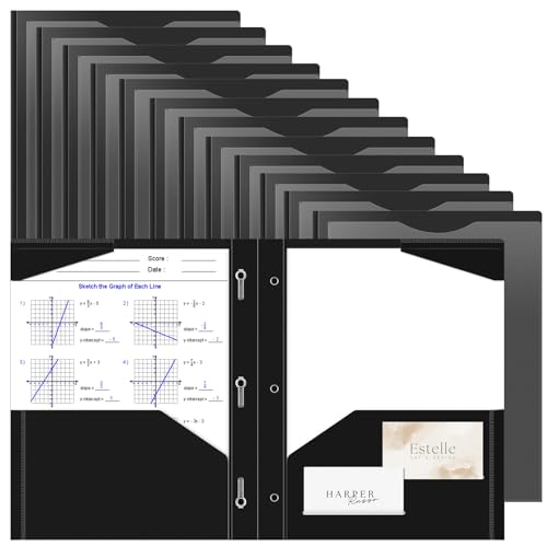 Briartw Robuste Kunststoff-Taschenmappe mit Zinken für Papier in Briefgröße, 12 Stück, schwarze Aktenordner mit transparenter Vordertasche, 2 Taschen und 3 Zinken, sowie 2 Kartenfächer, Taschenordner von Briartw