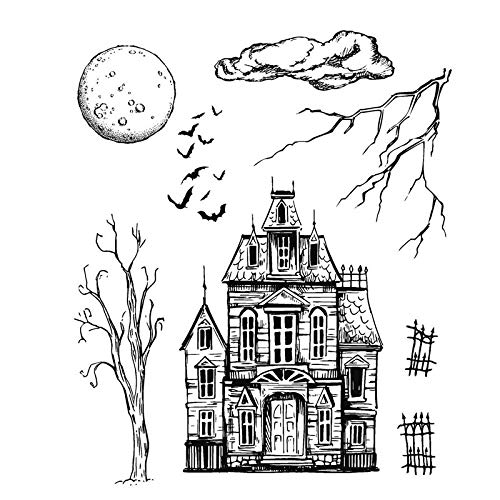 HalloweenHausgebäude, Baum Braches Fledermäuse Mond Stempel für Kartengestaltung DIY Scrapbooking Papier Basteln Transparente Gummistempel von Briartw