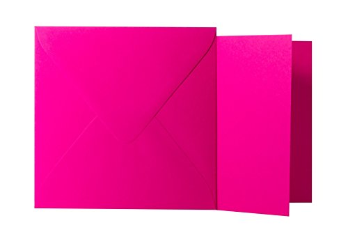 25 Quadratische Pink Briefumschläge 120g von der Größe 16 X 16 cm + Klappkarten 240g von der Größe 15,5 X 15,5 cm, mit dreieckiger Lasche zum Kleben ohne Fenster von Briefumschläge24Plus