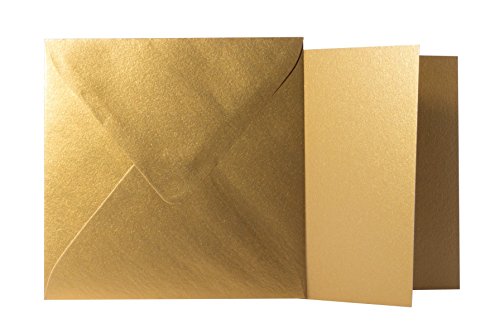 Briefumschläge24Plus 25 Quadratische Gold Briefumschläge 120g von der Größe 10 X 10 cm + Klappkarten 240g von der Größe 9,5 X 9,5 cm, mit dreieckiger Lasche zum Kleben ohne Fenster von Briefumschläge24Plus