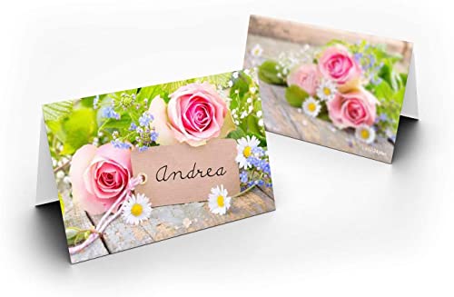 Briefumschläge24Plus Tischkarten Platzkarten Namens Karten für Hochzeit Geburtstag Feier Taufe Kommunion Konfirmation Firmung Jugendweihe, 25 Stück Premium Qualität, Blumen-Dekor, Rose, Rosa von Briefumschläge24Plus