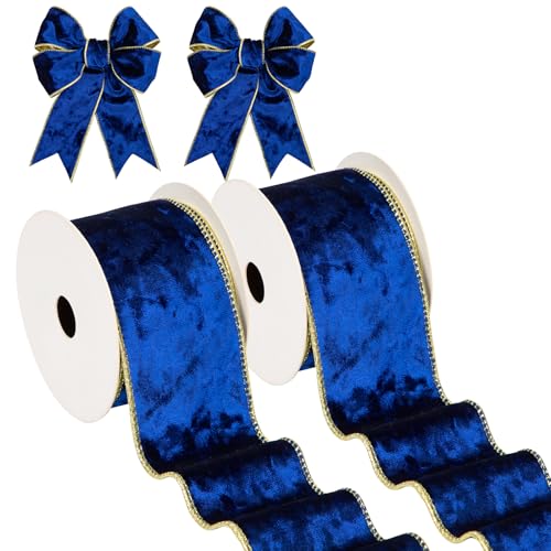 Briful Blaues Samt-Weihnachtsband, 6,3 cm, Weihnachtsbaumband mit metallischem Draht, Goldkante, Samtband für Geschenkverpackungen, Kränze, Girlande, große Schleife, Bastelbedarf (2 Rollen, 20 Meter) von Briful