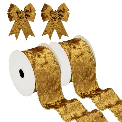 Briful Goldfarbenes Samtband für Weihnachten, 6,3 cm, Weihnachtsbaumband mit metallischem Drahtrand, Samtband für Geschenkverpackungen, Kränze, Girlande, große Schleife, Bastelbedarf (2 Rollen, 20 von Briful