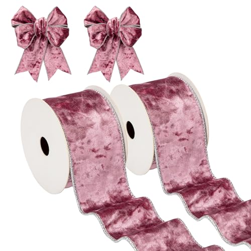 Briful Rosy Mauve Samt-Weihnachtsband, 6,3 cm, Weihnachtsbaumband mit metallischem Draht, silberfarbener Rand, Samtband für Geschenkverpackungen, Kränze, Girlande, große Schleife, Bastelbedarf (2 von Briful