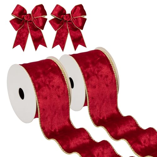 Briful Rotes Samt-Weihnachtsband, 6,3 cm, Weihnachtsbaumband mit metallischem Draht, Goldkante, Samtband für Geschenkverpackungen, Kränze, Girlande, große Schleife, Bastelbedarf (2 Rollen, 20 Meter) von Briful