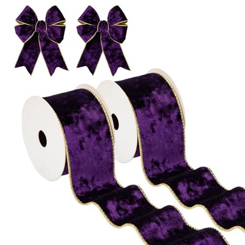 Briful Violettes Samtband für Weihnachten, 6,3 cm, Weihnachtsbaumband mit metallischem Drahtrand, Samtband für Geschenkverpackungen, Kränze, Girlande, große Schleife, Bastelbedarf (2 Rollen, 20 Meter) von Briful