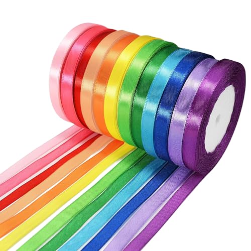 12 Rollen Satinband, 277 m Seidensatinrolle, doppelseitiges Satinband, 10 mm verzieren, dekorative Bänder für Geschenkverpackungen, Basteln, Luftballons, Hochzeit, Haare, DIY, Blumenstrauß von Bright Creations