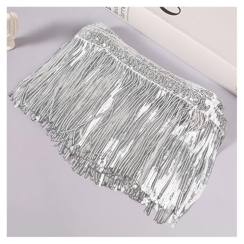 BrightGlow Pailletten Fransenborte 15CM Breite Quastenbesatz zum Nähen Glitzer Fransen Tanzfransen Geschnitten Pailletten-Ketten-Fransenborte Fransen Besatz für Handwerk Kleidung Silber 10 Yards von BrightGlow