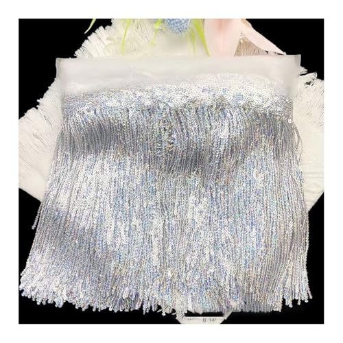 BrightGlow Pailletten Fransenborte Glitzer Folien Fransen 20CM Breite Fransenborte zum Nähen Quastenbesatz Geschnitten Fransenborte Trim Fransenband für DIY-Kleid, Weihnachten #1Silber 1 Yard von BrightGlow