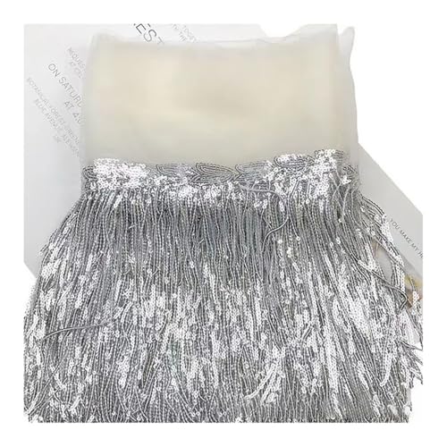 BrightGlow Pailletten Fransenborte Glitzer Folien Fransen 20CM Breite Fransenborte zum Nähen Quastenbesatz Geschnitten Fransenborte Trim Fransenband für DIY-Kleid, Weihnachten Silber 1 Yard von BrightGlow