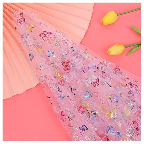 BrightGlow Tüll Stoff 150 cm Breit Stoffe zum Nähen Netzstoff mit Schmetterlingsmuste Glitzer Polyester-Mesh-Tüllstoff Tüll Dekostoff Hochzeitsstoff für DIY Bekleidung & Deko Rosa 10 Yards von BrightGlow