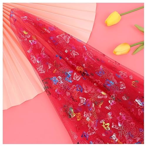 BrightGlow Tüll Stoff 150 cm Breit Stoffe zum Nähen Netzstoff mit Schmetterlingsmuste Glitzer Polyester-Mesh-Tüllstoff Tüll Dekostoff Hochzeitsstoff für DIY Bekleidung & Deko Weinrot 10 Yards von BrightGlow