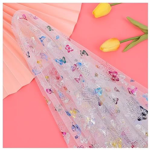 BrightGlow Tüll Stoff 150 cm Breit Stoffe zum Nähen Netzstoff mit Schmetterlingsmuste Glitzer Polyester-Mesh-Tüllstoff Tüll Dekostoff Hochzeitsstoff für DIY Bekleidung & Deko Weiß 3 Yards von BrightGlow