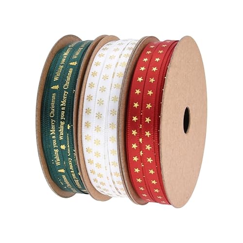 BrightGlow Weihnachten Geschenkband Xmas Satinband Schleifenband Weihnachtsbaum Schneeflocken Band Satinband mit Weihnachtsmotiv Weihnachtsbänder zum Basteln für Weihnachtsbaum 5mm Mix 30 Yards von BrightGlow