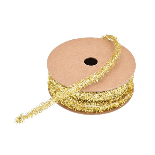 BrightGlow Weihnachten Lametta Girlande Dünn Mini Lametta Girlande Weihnachten Geschenkband Deko Schleifenband Geschenkband Glänzend Dünnes Lametta für Geschenk Weihnachtsbaum 8mm Gold 5 Yard von BrightGlow