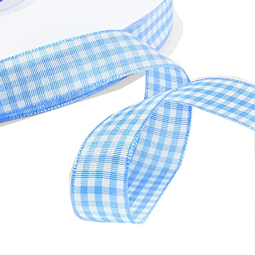 Kariertes Band 50 Yard 10mm Gingham Band Weihnachtsband Geschenkband Dekoband Schleifenband Plaid Ribbon Karo Stoffband Karoband Bastelband Geschenk Verpacken Hochzeit Party Deko Light blue von BrightGlow