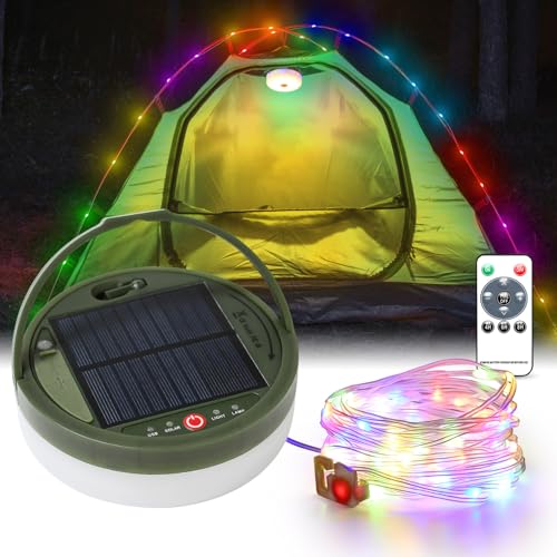 Brillistep Solar Lichterkette Camping Aussen 10m Wasserdicht IP65 für Zelt, Solar Campinglampe mit 10m RGB Camping Lichterkette Aufrollbar von Brillistep