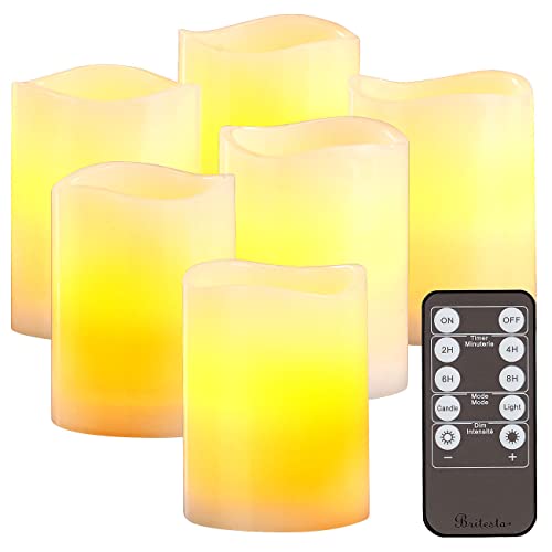 Britesta LED-Kerzen-Set mit Timer: 6er-Set dimmbare LED-Echtwachskerzen mit Fernbedienung, je 7,5 x 10 cm (LED-Kerzen mit flackerndem Licht, Elektrische Wachs-Kerzen, Fernbedienungen) von Britesta