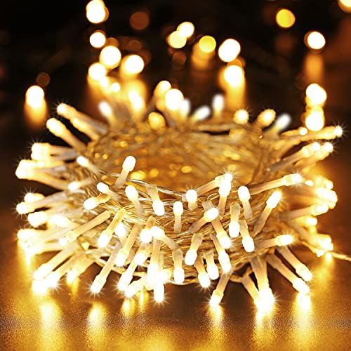 100 LED Lichterkette Außen Batterie, BrizLabs Warmweiß Weihnachtsbeleuchtung Innen 8 Modi Wasserdicht mit Timer für Zimmer Weihnachten Party Hochzeit Beleuchtung Deko, Durchsichtigen Kabeln von BrizLabs