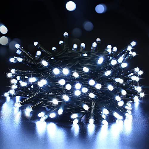 BrizLabs 100 LED Batterie Lichterkette Außen Kaltweiß Weihnachtsbeleuchtung Innen Lichter 8 Modi Wasserdicht mit Timer für Weihnachtsbaum Zimmer Hochzeit Party Garten Dekoration, Grünes Kabel von BrizLabs