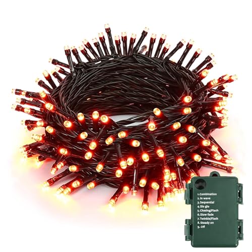 BrizLabs Halloween Lichterkette Außen, 10M 100 LED Orange Herbstdeko Lichterketten Wasserdichte 8 Modi Weihnachtsdeko Lichterketten Batterie für Erntedankfest Baum Hochzeiten Garten Balkon Tür Fenster von BrizLabs