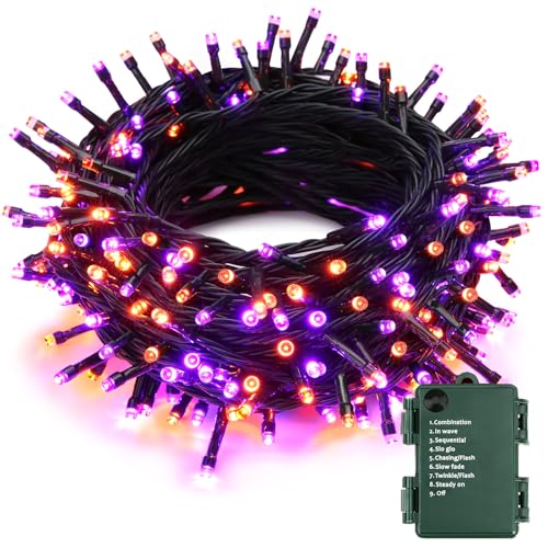 BrizLabs Halloween Lichterkette Außen, 20M 200 LED Orange Lila Innen Herbst Lichterketten Batterie Wasserdicht 8 Modi mit Timer Weihnachtsbeleuchtung für Balkon Terrasse Bäume Garten Hause Party Deko von BrizLabs