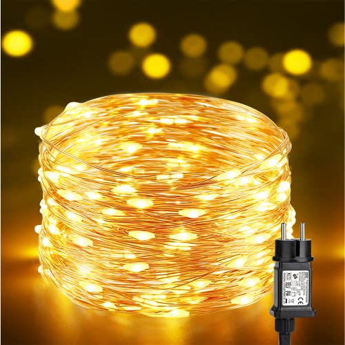 BrizLabs LED Lichterkette Draht, 10M 100 LED Kupferdraht Lichterkette Innen 8 Modi Wasserdicht Weihnachten Lichterkette mit Stecker für Kinderzimmer Hochzeit Garten Party Geburtstag Deko, Warmweiß von BrizLabs