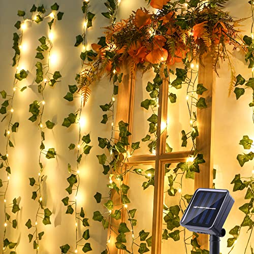 BrizLabs Lichterkette Solar Außen, 12M 100 LED Künstlicher Efeu Lichterkette 8 Modi Wasserdicht Solarlichterkette Outdoor für Garten Balkon Zaun Hochzeit Party Schlafzimmer Weihnachten Deko, Warmweiß von BrizLabs