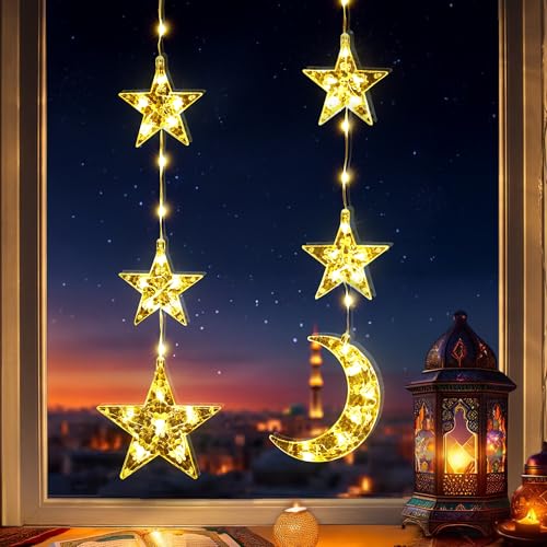 BrizLabs Ramadan Deko Lichterkette, 2 Stück Ramadan Mond Sterne Fenster Lichter Batteriebetrieben mit Timer LED Eid Mubarak Dekoration Beleuchtung für Innen Kinderzimmer Hochzeit Party, Warmweiß von BrizLabs