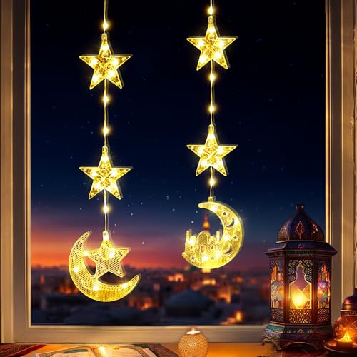 BrizLabs Ramadan Dekoration Lichterkette, 2 Stück Ramadan Sterne Mond Schloss Fenster Lichter Batteriebetrieben mit Timer LED Eid Mubarak Beleuchtung für Innen Schlafzimmer Hochzeit Party, Warmweiß von BrizLabs