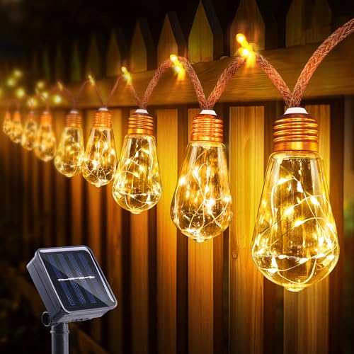 BrizLabs Solar Lichterkette Aussen mit 16 Glühbirnen, 8.2M LED Solar Lichterketten Garten Solarlichterkette Außen Wetterfest 8 Modi Vintage Hanfseil Deko für Balkon Camp Hof Hochzeit Party, Warmweiß von BrizLabs